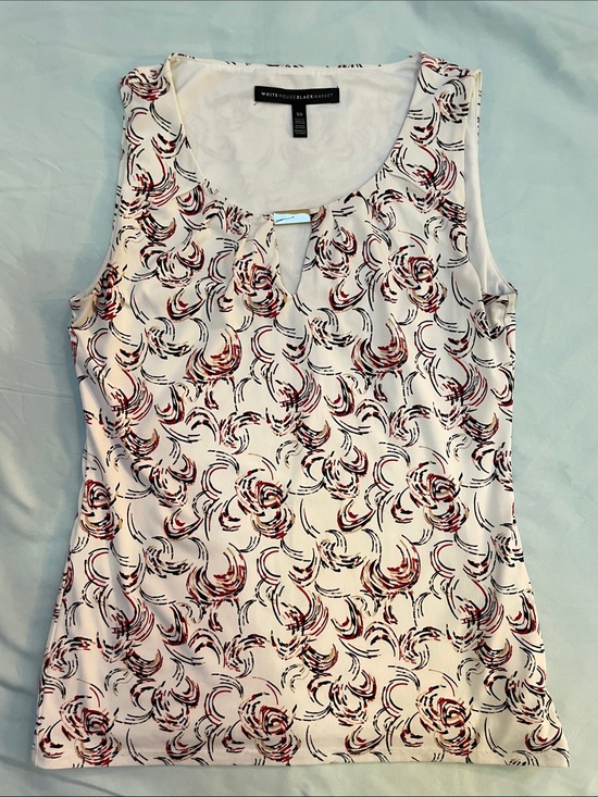 White House Black Market Tops - White House Black Market Cream Sleeveless Tank with Red & Black Swirl Print